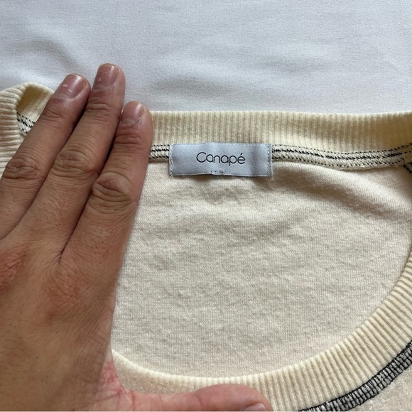 CANAPÉ cream ivory terry cloth knit contrast stitch fray raw hem boxy sweater - Picture 5 of 6